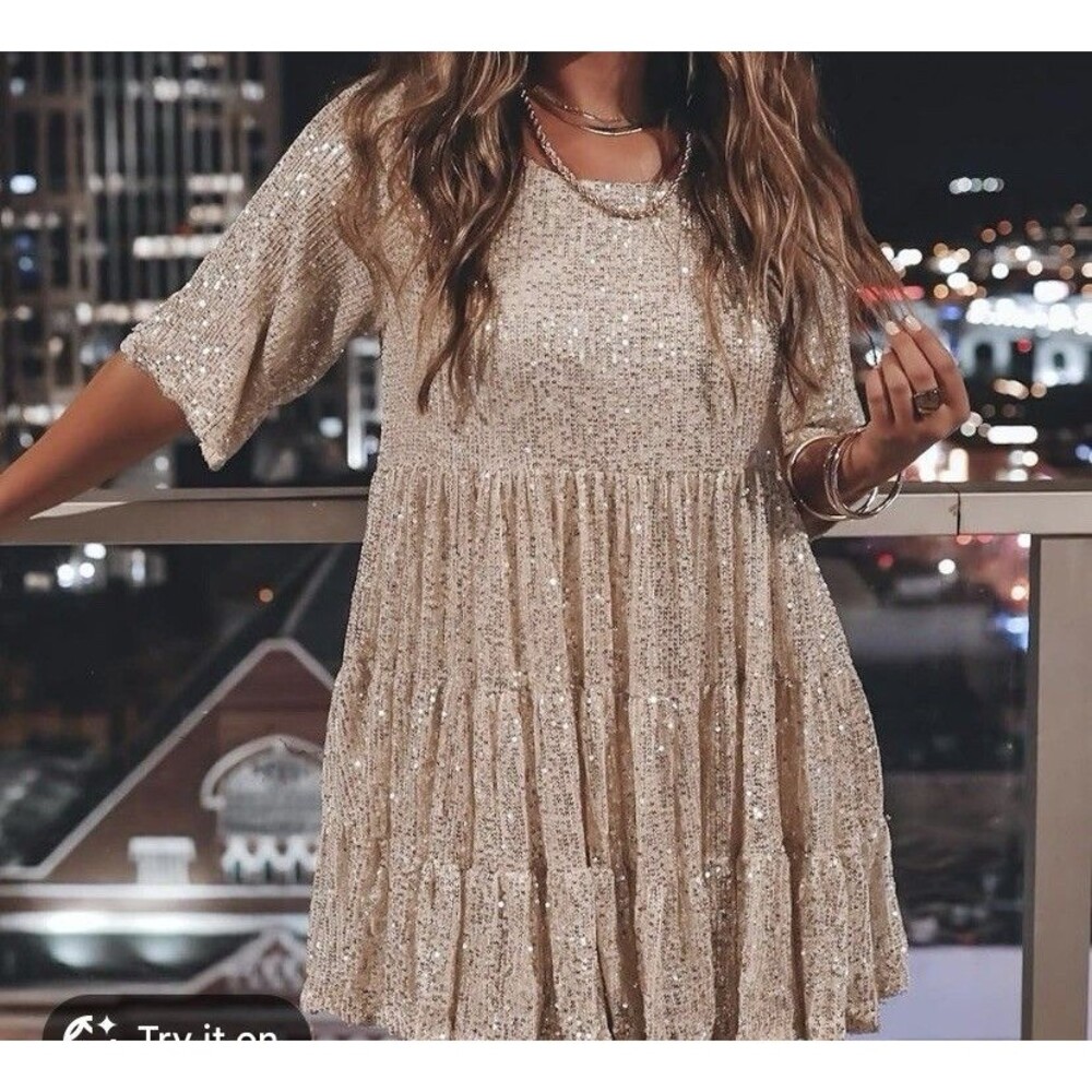 Amazing Lace Sequin Babydoll Mini Dress Medium Sparkles Party Blush